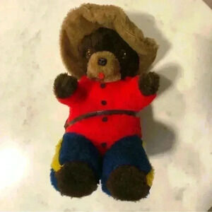 Vintage 14” Canadian Mountie plush bear  made by Mara Toys in Spruce Grove, Alta